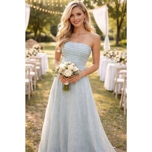 Lusana Talia Linen Echo Sky Blue Maxi Dress Strapless Pintuck Pleats Medium NWT